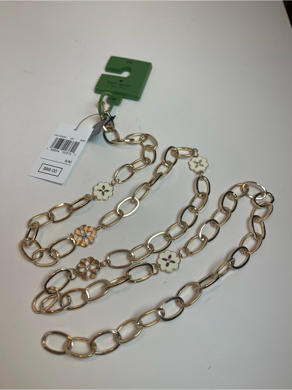 NWT Kate Spade Gold Tone Floral Link Chain Belt Size S/M Quiet Luxury Accessory